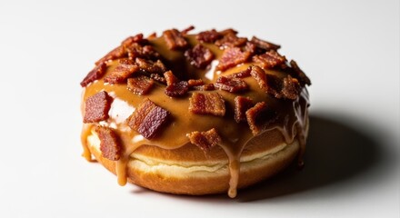 Savory-Sweet Artisan Maple Bacon Donut with Rich Maple Glaze and Crispy Bacon Bits, Moody Studio Photography, Isolated on Ultra-Clean White Background
