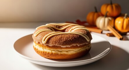 Warm Artisan Pumpkin Spice Donut with Cinnamon-Sugar Glaze and Cream Cheese Frosting Drizzle, Cozy Studio Photography, Isolated on Clean White Background