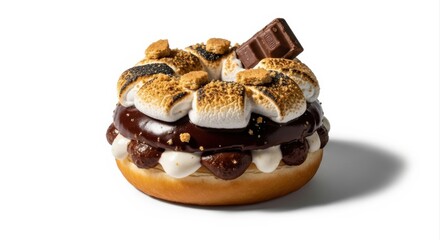 Decadent Artisan S'mores Donut with Chocolate Glaze, Toasted Marshmallow, Graham Cracker, and Chocolate Piece, Dramatic Studio Photography, Isolated on Stark White Background