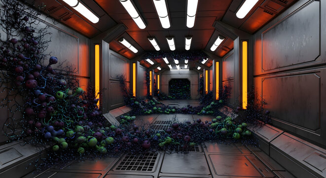 Sci-Fi Corridor Overgrown, Abandoned Space Station, Futuristic Interior