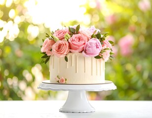 Pastel wedding cake with roses on a white stand...