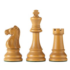 Closeup of chess pieces isolated on white background, knight, king and rook