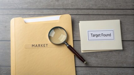 Market Research Folder with Magnifying Glass and 'Target Found' Note on Rustic Wooden Surface