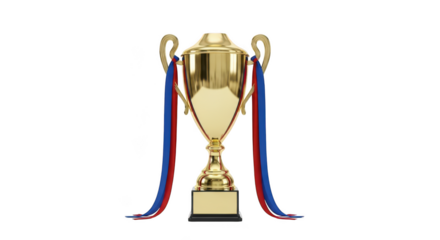 Golden champion trophy with red and blue ribbons isolated on transparent background