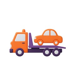 Orange tow truck carrying a car isolated on white background, 3d rendering illustration