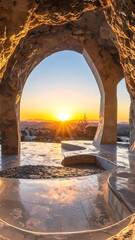 Sunrise through a cave-like archway