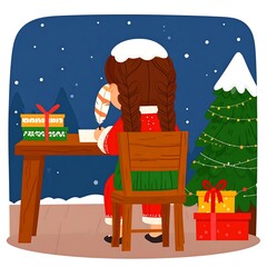 Girl in red writing with a quill by a Christmas tree