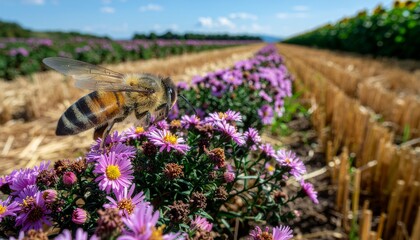 A honeybee gathers nectar from purple aster flowers in a field, with rows of sunflowers and harvested crops visible in the background under a blue sky.