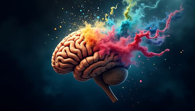 A realistic human brain floating in space, exploding into vibrant clouds of colorful paint and ink, symbolizing creativity and imagination in abstract realism.