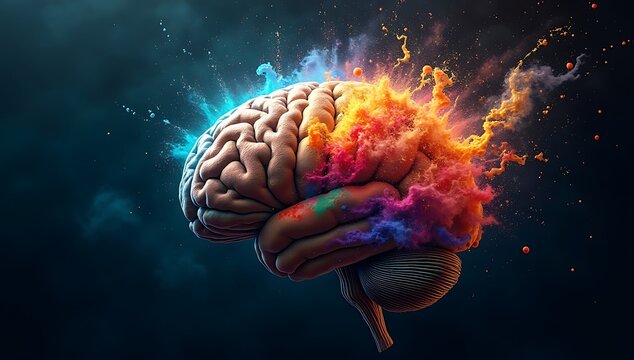 A realistic human brain floating in space, exploding into vibrant clouds of colorful paint and ink, symbolizing creativity and imagination in abstract realism.