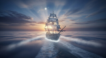 A majestic galleon sails through a sea of clouds, illuminated by the sun and moon, creating a dreamlike and ethereal atmosphere at sea