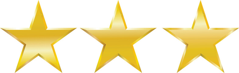 Three gold stars with metallic shine—EPS vector for ratings, awards, and decorative design use.