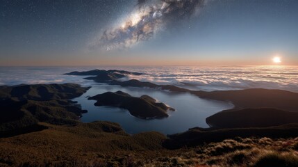 Fototapeta premium Distant, expansive view showcasing a dramatic night sky with the visible expanse of the Milky Way, rising over layers of clouds, a tranquil lake, and rugged mountain terrain under the first light 