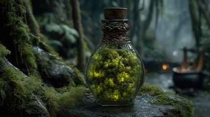halloween technology concept. A mystical potion bottle surrounded by lush greenery.