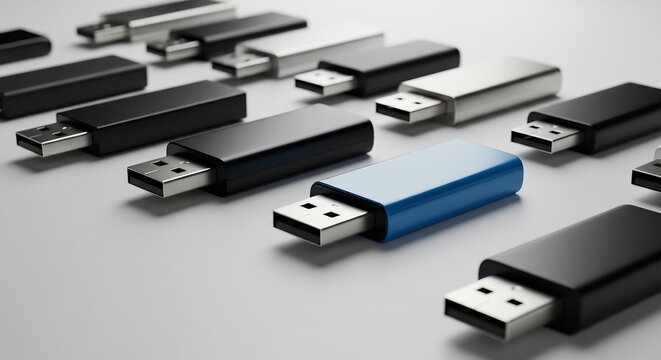 Multiple sleek USB flash drives in black silver and bright blue display modern digital data storage technology.. AI Generated