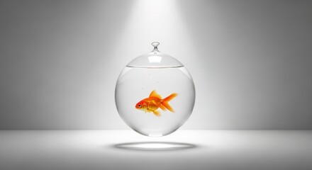 Solitary Goldfish in a Glass Bowl Under Spotlight.