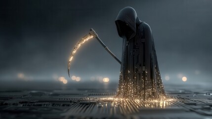 halloween technology concept. Mysterious figure cloaked in circuits with a scythe.