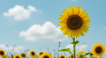 Bright yellow sunflower basks in warm natural sunlight against a vivid blue sky with scattered fluffy clouds a summer day. AI Generated