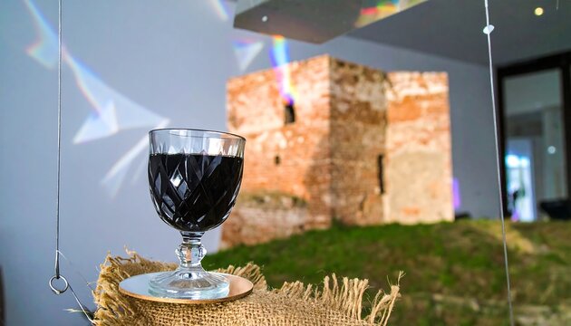Wine Glass with Dark Liquid on Burlap in Front of an Old Building