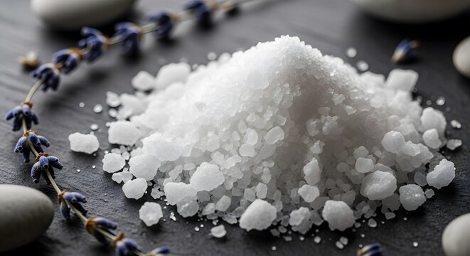Close-up of a pile of coarse sea salt crystals with lavender sprigs and smooth pebbles on a dark, slate-like surface, evoking a sense of spa and relaxation