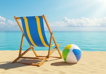 Fototapeta premium Tranquil Beach Scene with Deck Chair and Beach Ball Perfect Summer Vacation Getaway Relaxation and Coastal Holiday