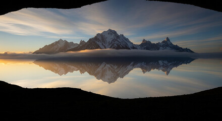 Mont blanc mountain range reflecting in still water under a cloudy sky creating a dramatic and scenic alpine landscape view