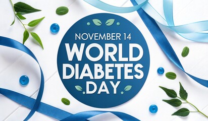 World diabetes day november 14 awareness blue ribbons leaves celebration graphic