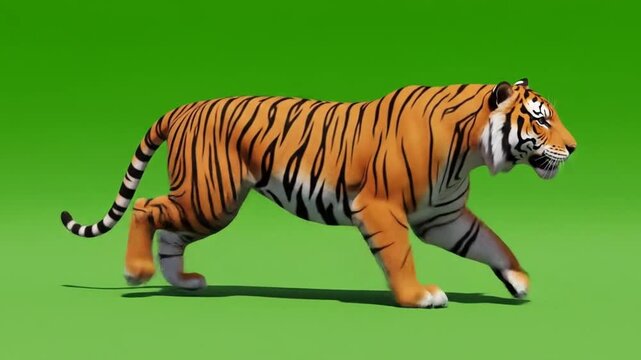 Animated tiger walking on green screen in slow motion perfect for visual effects