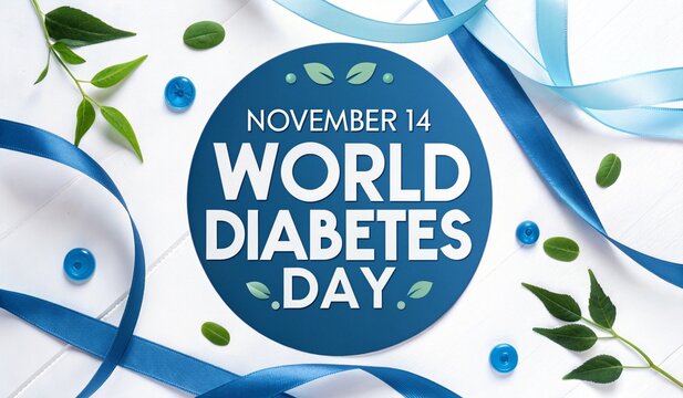 World diabetes day november 14 awareness blue ribbons leaves celebration graphic
