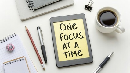 Inspirational Quote on Tablet with Coffee and Stationery for Productivity and Focus in Workspace Setting