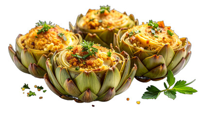 Four artichokes filled with breadcrumbs and herbs, showcasing a golden-brown topping and green leaves.