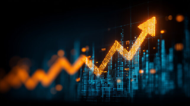 Upward market arrow on digital chart expressing business growth financial performance improvement and confident data driven strategy execution.