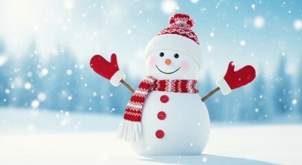 Fototapeta premium Cheerful Snowman with Red Accessories in a Snowy Winter Wonderland