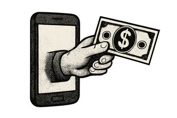 Hand with dollar from phone screen. Online banking, mobile payment concept. Digital currency, making money online, shopping. Financial technology metaphor. E-commerce business income.