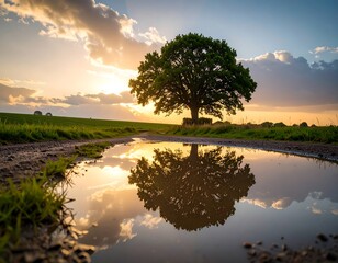 Sunset over a rural landscape reflected in a puddle