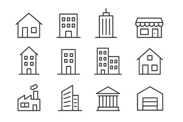Fototapeta premium Building line icon set. Real estate and architecture symbols. House, office, bank, factory thin line pictogram collection. Editable stroke for web, app and graphic design.