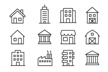 Building line icon set. Real estate and city architecture symbols. House, bank, hospital, factory. Minimal vector pictogram collection for web and app design. Editable stroke.