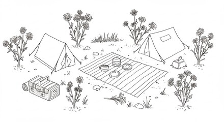 Fototapeta premium Clean line art illustration depicting a peaceful wilderness camp two tents a picnic setup and native plants. AI Generated