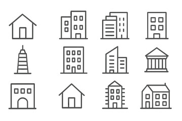 Building line icon set. Collection of real estate and architecture vector symbols. Minimalist house, office, bank, and city skyscraper pictograms. Editable stroke for web.