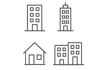 Building line icon set. Vector collection of house, office, skyscraper pictograms. Minimalist linear symbols for web design, apps, real estate. Editable stroke architecture signs.