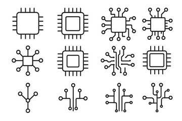 Technology line icon set with chip, processor, CPU, and circuit board. Microchip, data, AI concept. Editable stroke. Minimalistic vector pictogram for apps, web, fintech.