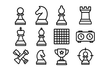 Chess outline icon set. Chessman collection with king, knight, rook, pawn. Board game, clock, and trophy cup. Business strategy metaphor. Editable stroke vector illustration.
