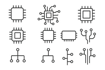 Chip and scheme line icon set. Editable stroke vector pictograms for technology, CPU, microchip, and circuit board design. Minimalist electronics and processor symbols.