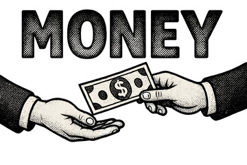 Money concept. Hand giving dollar cash. Payment, transaction, bribe, corruption, donation. Financial deal. Business economy. Retro vintage halftone typography vector illustration.