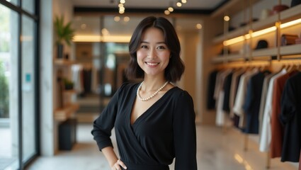 Confident female store owner posing in stylish clothing boutique, professional retail business portrait.