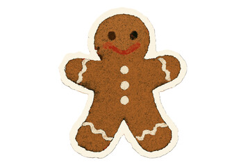 Gingerbread man cookie sticker in a vintage torn paper collage style. Cute Christmas holiday sweet treat with naive halftone texture. Retro vector cartoon illustration for baking.