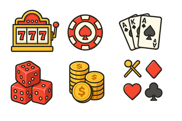 Casino and gambling icon set vector illustration. Line art flat icons collection for web and mobile. Slot machine, poker chip, playing cards, dice, money coins. Gamble concept.