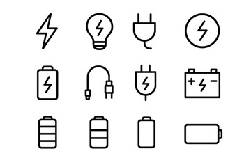 Energy and power line icon set. Charger, battery, electricity symbols. Vector collection of thin line pictograms like lightning bolt, plug, lightbulb, and charge level indicator.