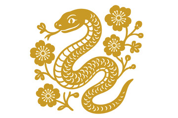Chinese New Year of the Snake golden papercut illustration. Ornate zodiac animal symbol with plum blossoms for a festive lunar celebration card. Oriental horoscope vector.