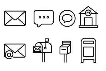 Mail and message icon set. Line art collection with email, chat bubble, post office, and mailbox symbols. Communication concept vector for web, UI, and graphic design.